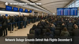 Passengers queue at Detroit Metro McNamara Terminal as a Delta ground stop Detroit flights network outage causes long lines and delayed departures.