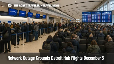 Passengers queue at Detroit Metro McNamara Terminal as a Delta ground stop Detroit flights network outage causes long lines and delayed departures.