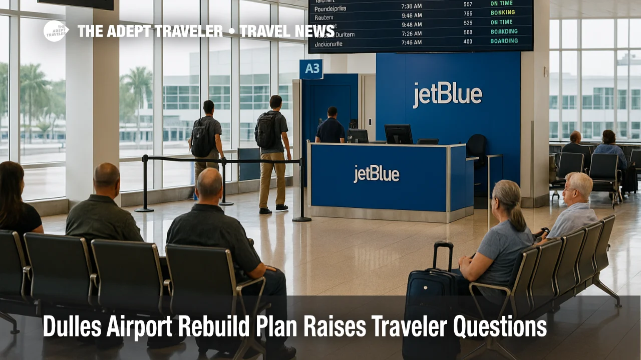 Travelers check in under the sweeping roof at Washington Dulles as the Dulles airport rebuild plan and ongoing construction slowly reshape the main terminal experience