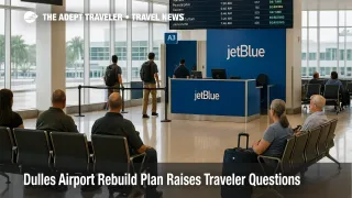 Travelers check in under the sweeping roof at Washington Dulles as the Dulles airport rebuild plan and ongoing construction slowly reshape the main terminal experience