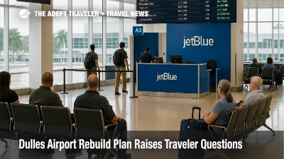 Travelers check in under the sweeping roof at Washington Dulles as the Dulles airport rebuild plan and ongoing construction slowly reshape the main terminal experience