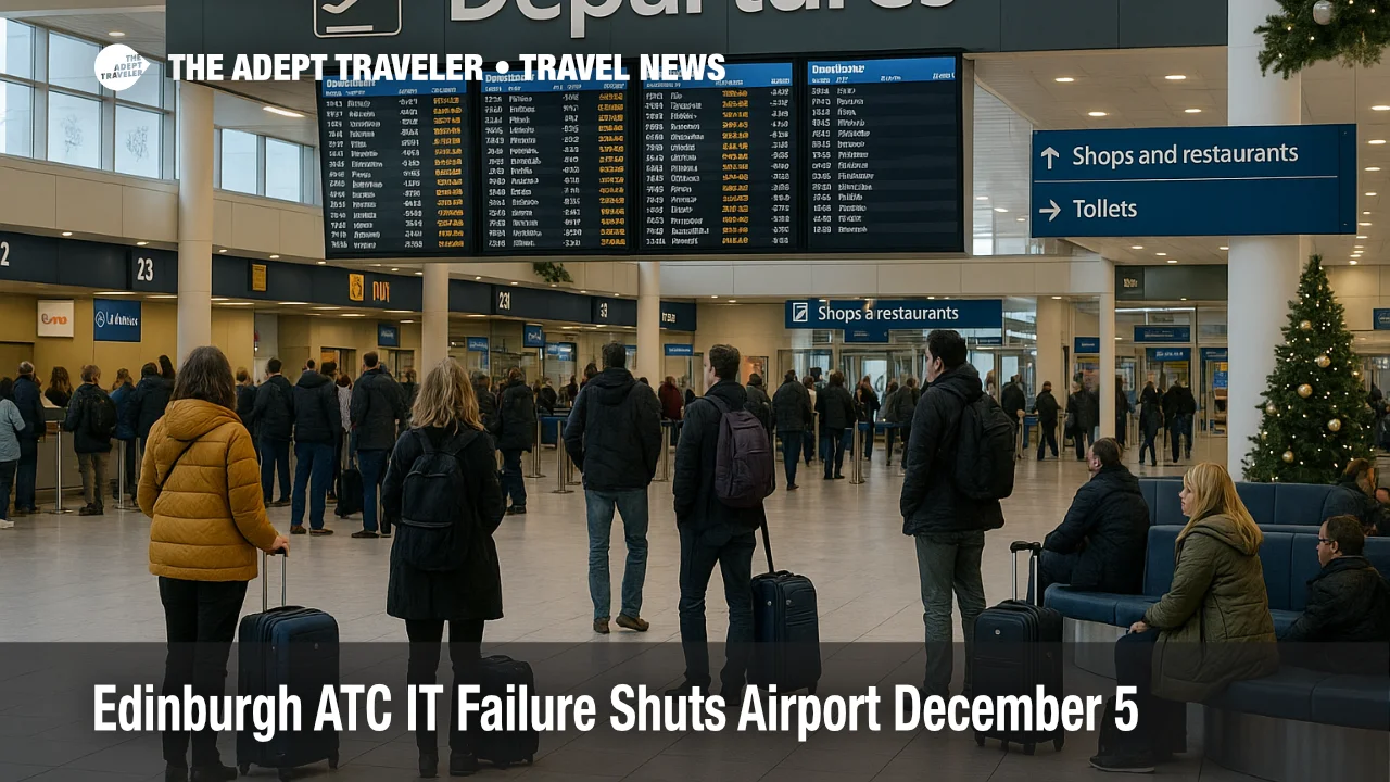 Travelers wait under departure boards at Edinburgh Airport after an IT failure in air traffic control delays flights.