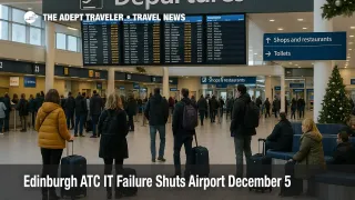 Travelers wait under departure boards at Edinburgh Airport after an IT failure in air traffic control delays flights.