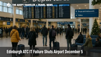 Travelers wait under departure boards at Edinburgh Airport after an IT failure in air traffic control delays flights.
