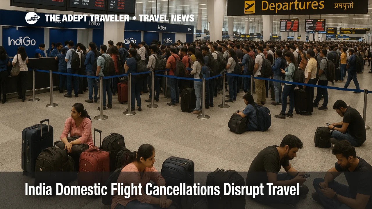 Crowded departures hall at Delhi airport as India domestic flight cancellations leave IndiGo passengers queuing and waiting on the floor