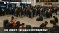 Crowded departures hall at Delhi airport as India domestic flight cancellations leave IndiGo passengers queuing and waiting on the floor