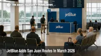 Passengers wait at San Juan airport gate as JetBlue San Juan new routes add flights to mainland U S cities in March 2026.