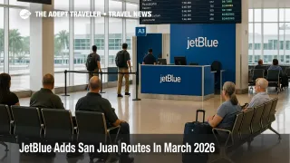 Passengers wait at San Juan airport gate as JetBlue San Juan new routes add flights to mainland U S cities in March 2026.