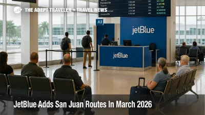 Passengers wait at San Juan airport gate as JetBlue San Juan new routes add flights to mainland U S cities in March 2026.