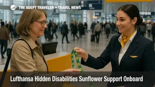 Information desk staff at Munich Airport offer a Hidden Disabilities Sunflower lanyard to a Lufthansa passenger seeking discreet accessibility support
