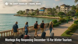 Travelers wheel bags along Montego Bay's repaired waterfront as the tourism reopening after Hurricane Melissa brings resorts and services back online