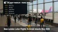 Travelers walk through London Luton terminal as new Greek island flights and city routes appear on the departures board for summer 2026 flights