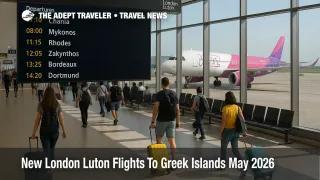 Travelers walk through London Luton terminal as new Greek island flights and city routes appear on the departures board for summer 2026 flights