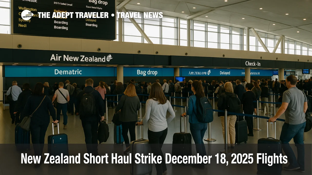 Travelers wait at Auckland Airport check in as New Zealand short haul strike flights risk disrupts Air New Zealand domestic and Tasman departures