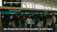 Travelers wait at Auckland Airport check in as New Zealand short haul strike flights risk disrupts Air New Zealand domestic and Tasman departures