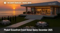 Guests gather at a Phuket oceanfront event venue on Bangtao Beach with sunset views, lawn seating, and Andaman Sea backdrop