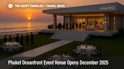 Guests gather at a Phuket oceanfront event venue on Bangtao Beach with sunset views, lawn seating, and Andaman Sea backdrop