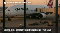 Qantas A380 Sydney Dallas flights illustrated by a superjumbo at the gate in Sydney as travelers board a long haul departure.