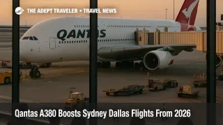 Qantas A380 Sydney Dallas flights illustrated by a superjumbo at the gate in Sydney as travelers board a long haul departure.