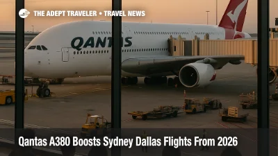 Qantas A380 Sydney Dallas flights illustrated by a superjumbo at the gate in Sydney as travelers board a long haul departure.