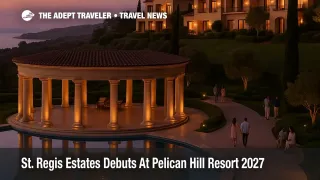St Regis Estates Pelican Hill resort terraces on Newport Coast with pool, villas, and coastal hills above the Pacific.