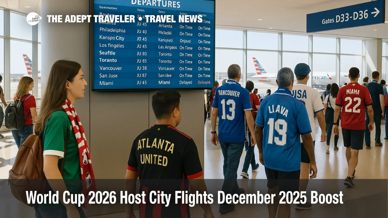 Fans in soccer jerseys wait at Dallas Fort Worth airport as World Cup 2026 host city flights board at nearby departure gates.
