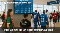 Fans in soccer jerseys wait at Dallas Fort Worth airport as World Cup 2026 host city flights board at nearby departure gates.