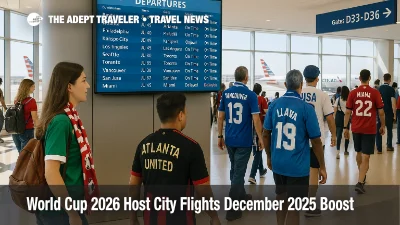 Fans in soccer jerseys wait at Dallas Fort Worth airport as World Cup 2026 host city flights board at nearby departure gates.