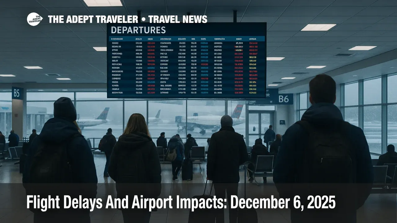 Travelers watch a departures board at Boston Logan as US flight delays December 6 2025 build amid snow outside and low ceilings affecting departures and arrivals