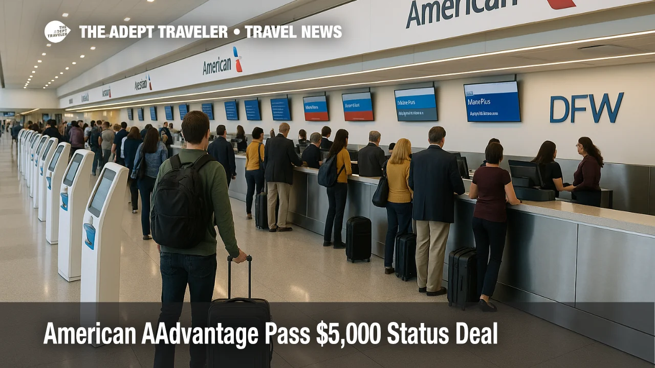 Travelers at Dallas Fort Worth check in as American AAdvantage Pass status deal shows a $5,000 path to Gold benefits.