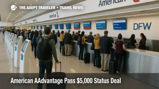 Travelers at Dallas Fort Worth check in as American AAdvantage Pass status deal shows a $5,000 path to Gold benefits.