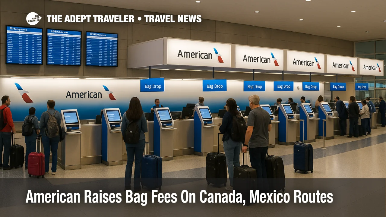 Travelers queue at Dallas Fort Worth Airport as higher American bag fees Canada flights take effect on short haul routes