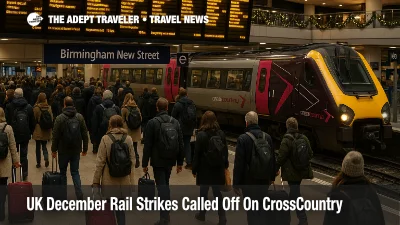 Travelers check departure boards at Birmingham New Street as CrossCountry December rail strikes are suspended but busy Christmas trains still strain capacity