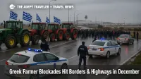 Tractors and police block an access road near Thessaloniki airport during Greek farmer border blockades, slowing traffic to northern Greece crossings