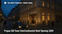 Evening street scene in Prague Old Town shows the future InterContinental Prague hotel in a restored historic building welcoming luxury guests in 2029