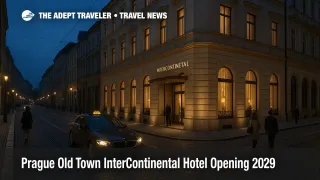 Evening street scene in Prague Old Town shows the future InterContinental Prague hotel in a restored historic building welcoming luxury guests in 2029