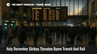 Travelers at Roma Termini during Italy December rail strike watch a departures board with several delayed and canceled trains