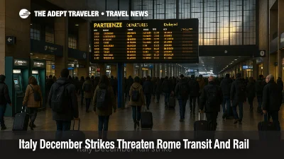 Travelers at Roma Termini during Italy December rail strike watch a departures board with several delayed and canceled trains