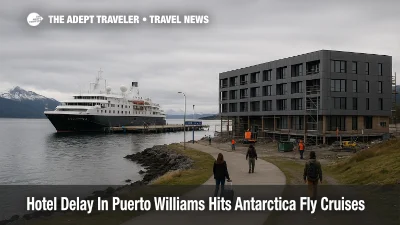 Harbor view of Puerto Williams and Silversea pier area illustrating the Puerto Williams hotel delay and its impact on Antarctica fly cruise staging.