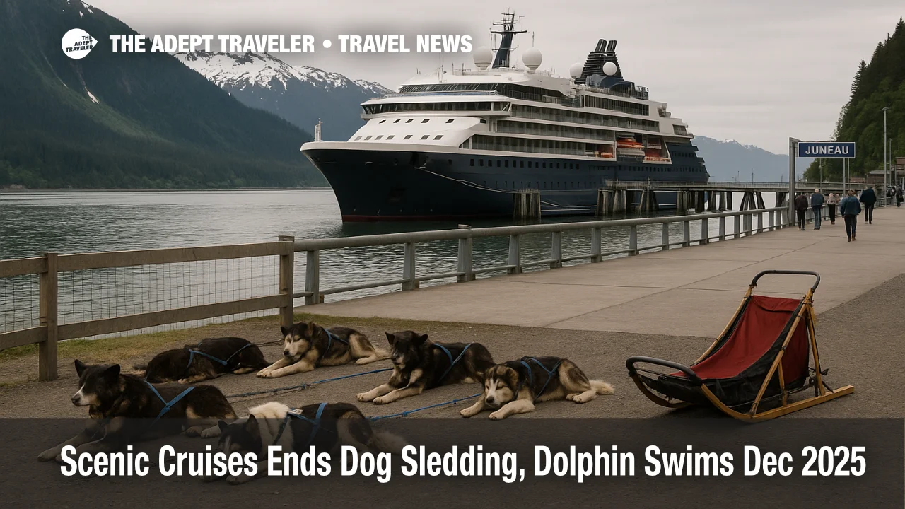 Expedition cruise ship docked in Juneau with sled dogs resting nearby, illustrating the Scenic Cruises dog sledding ban on Alaska style shore excursions.