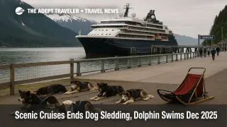 Expedition cruise ship docked in Juneau with sled dogs resting nearby, illustrating the Scenic Cruises dog sledding ban on Alaska style shore excursions.