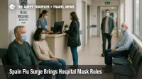 Travelers in a Madrid hospital waiting area wear masks as Spain hospital mask rules return during a winter flu and COVID 19 surge