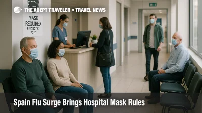Travelers in a Madrid hospital waiting area wear masks as Spain hospital mask rules return during a winter flu and COVID 19 surge