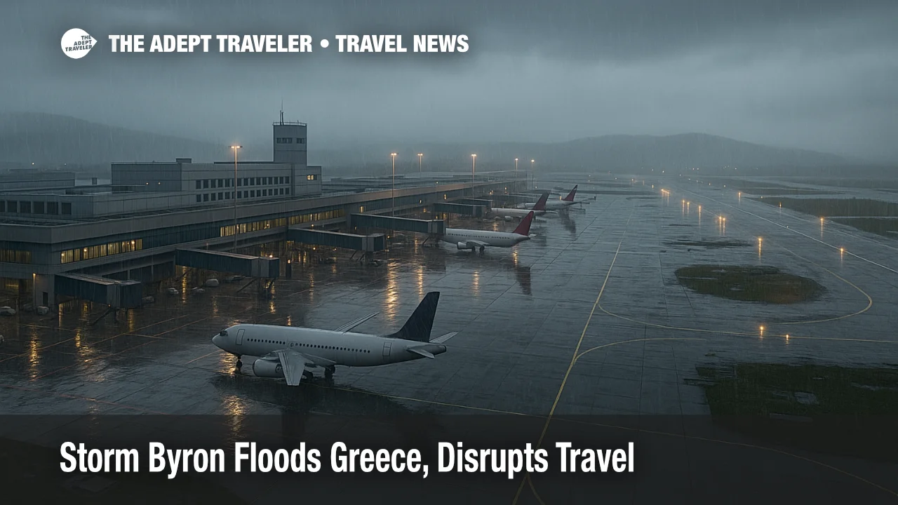 Flooded aprons and low visibility at Athens airport show how Storm Byron Greece travel disruption is delaying flights and making operations unsafe.