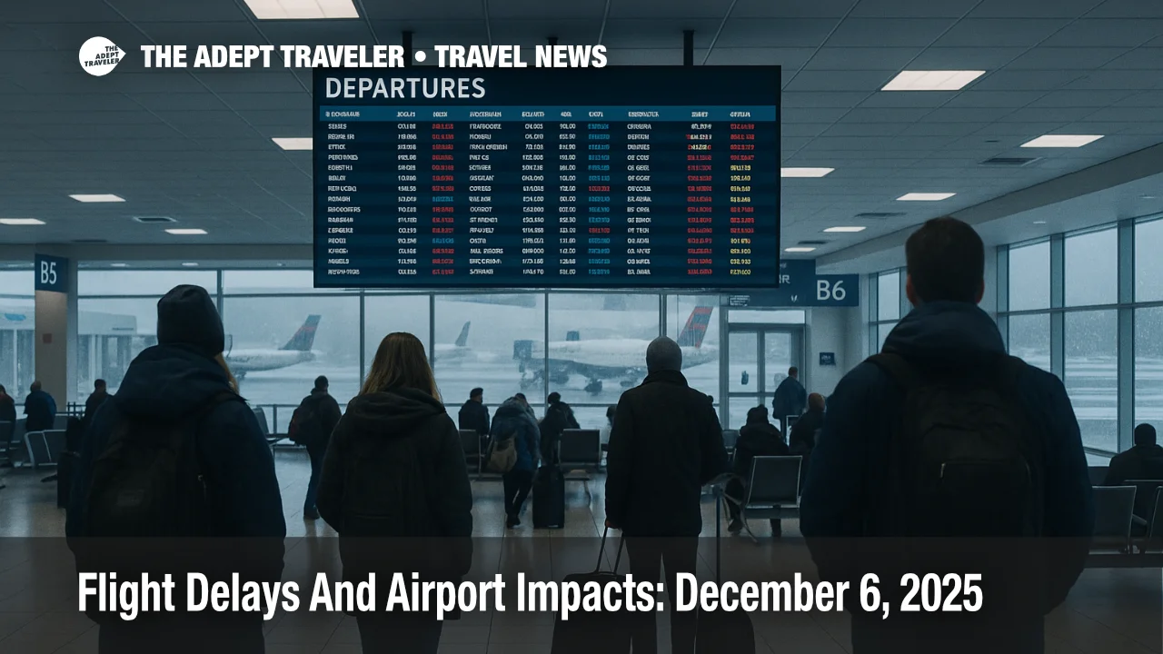 Travelers watch a departures board at Boston Logan as US flight delays December 6 2025 build amid snow outside and low ceilings affecting departures and arrivals