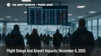 Travelers watch a departures board at Boston Logan as US flight delays December 6 2025 build amid snow outside and low ceilings affecting departures and arrivals