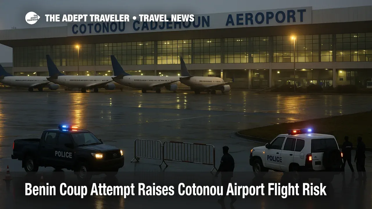 View of Cotonou Cadjehoun Airport during the Benin coup attempt, showing aircraft on the apron, security vehicles at the terminal, and travelers facing potential flight delays.