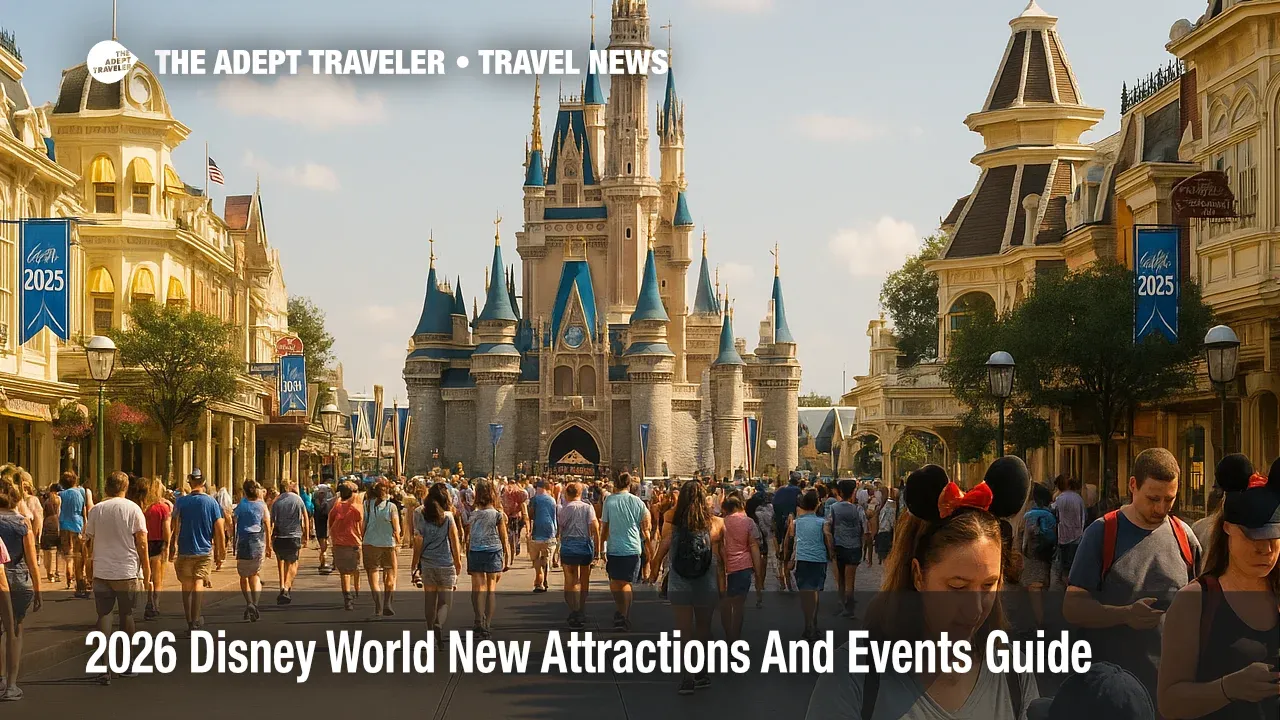 Visitors walk up Main Street toward Cinderella Castle as 2026 Disney World new attractions and events draw steady summer crowds at Magic Kingdom Park