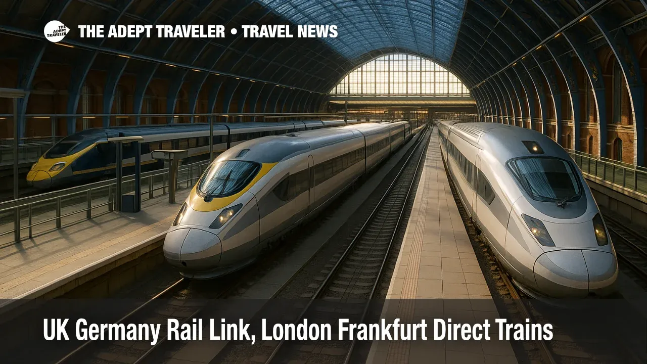 High speed trains at London St Pancras show a future London to Frankfurt direct train link between the UK and Germany.
