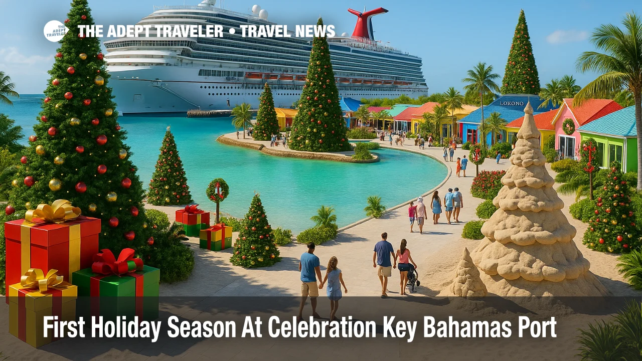 Guests explore Celebration Key holiday events on Grand Bahama, passing decorated trees and sand sculptures along the main lagoon walkway.